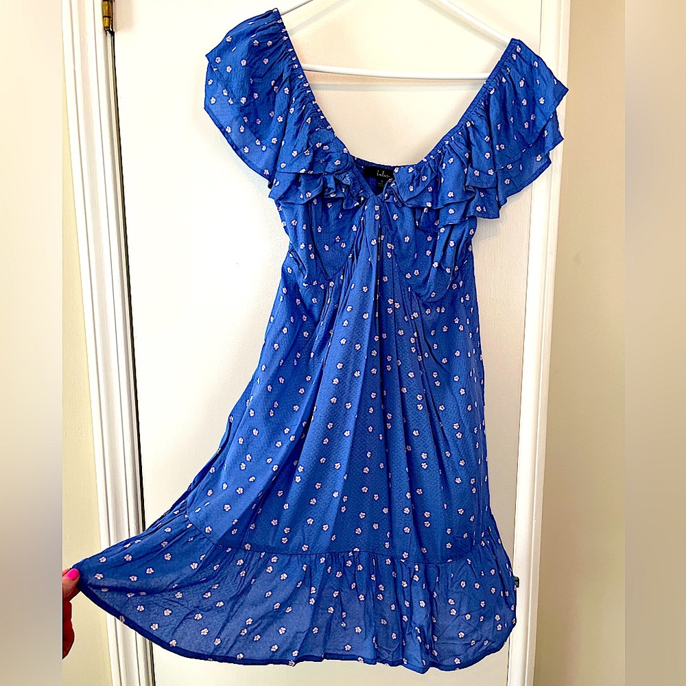 Lulu's Royal Blue Mini Dress with White Floral Dot Print